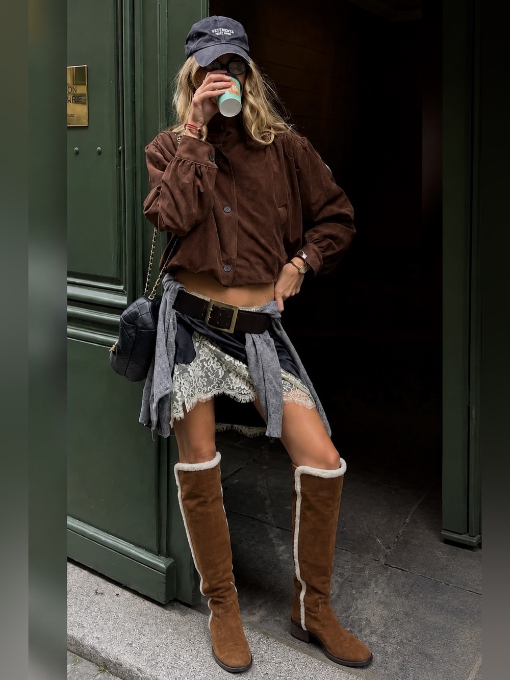VTG Teddy trim Brown Suede Over-the-Knee Boots with Faux Shearling Trim Y2K